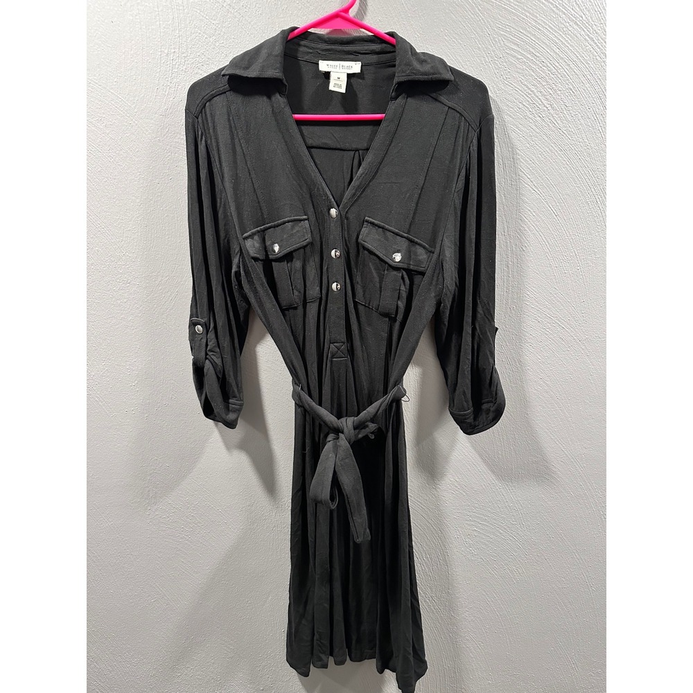 White House Black Market Black Tie Waist Roll Tab Sleeve Shirt Dress Medium